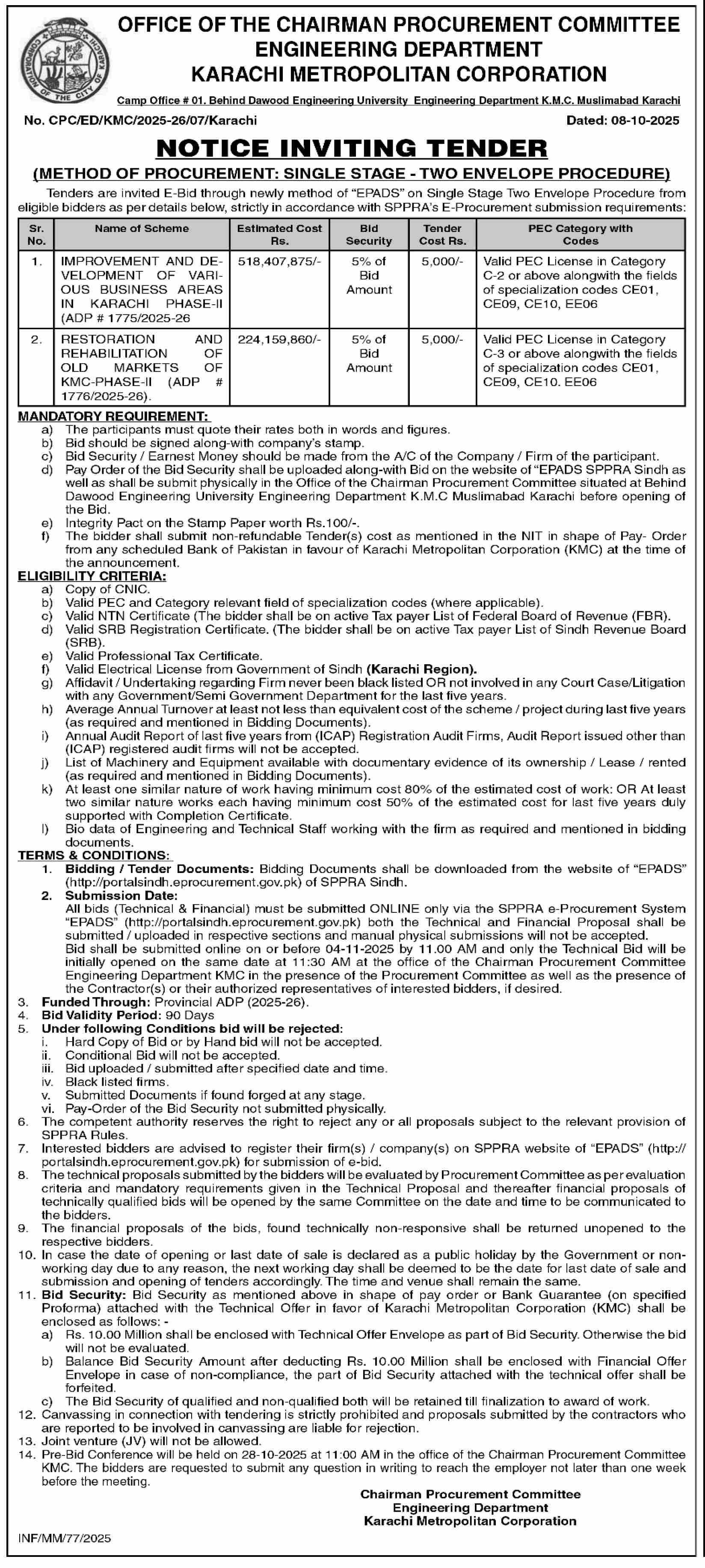 Engineering Department Karachi Tender Notice